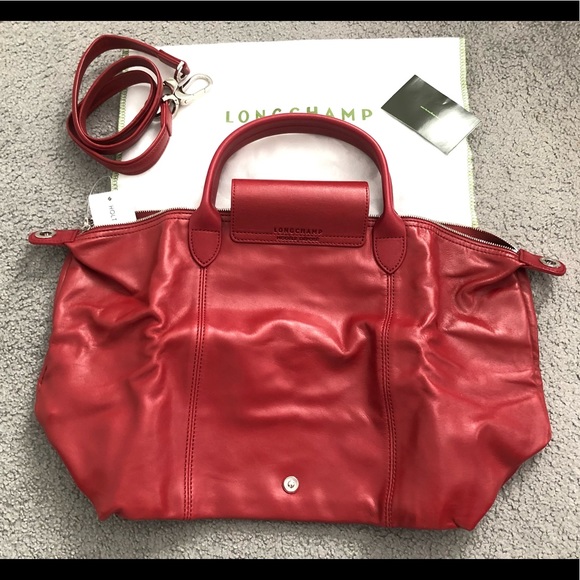 New NWT authentic Longchamp Le Pliage M red leather tote crossbody bag w strap - Picture 2 of 8